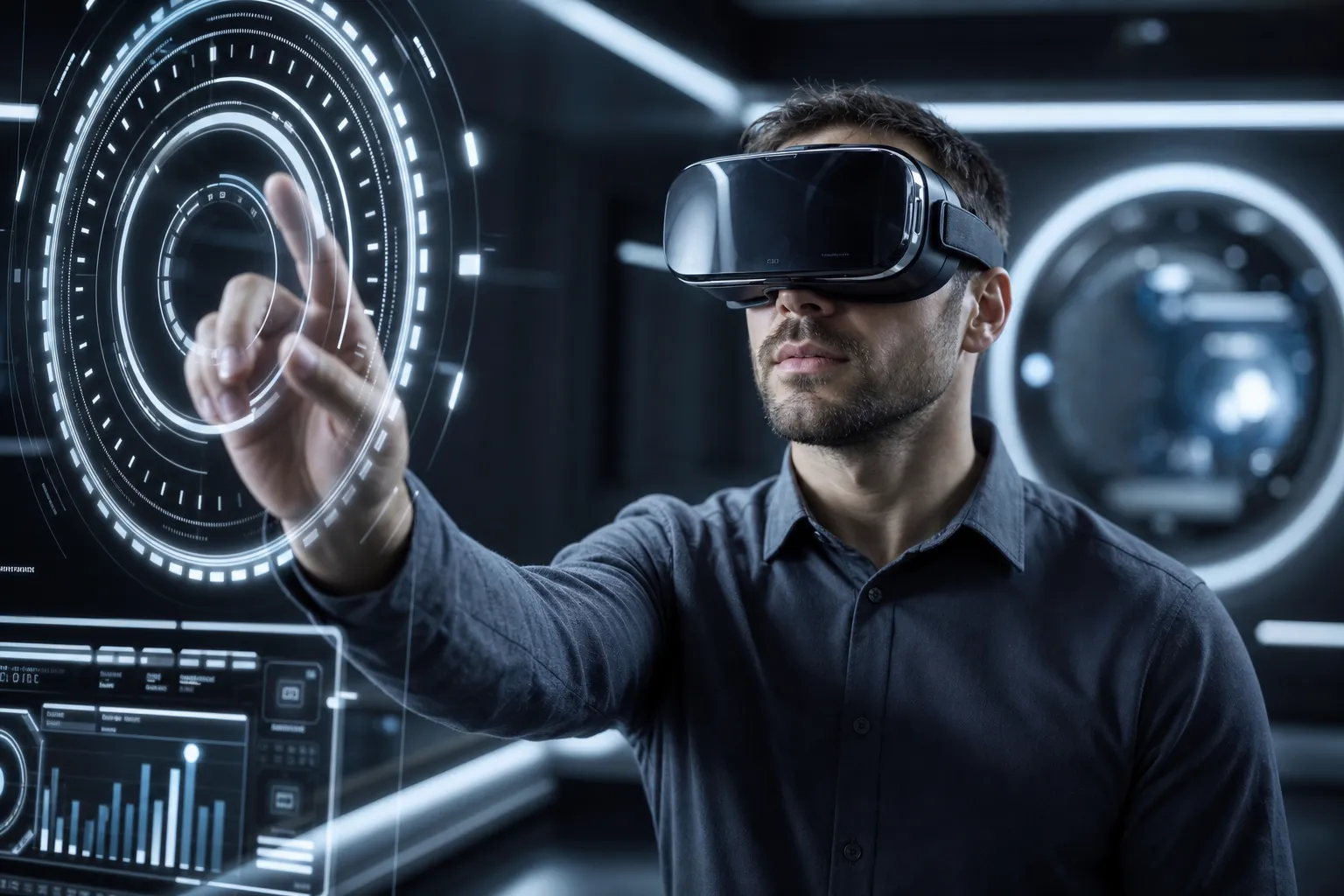Кадр VR-кейса: человек в шлеме виртуальной реальности с голограммами