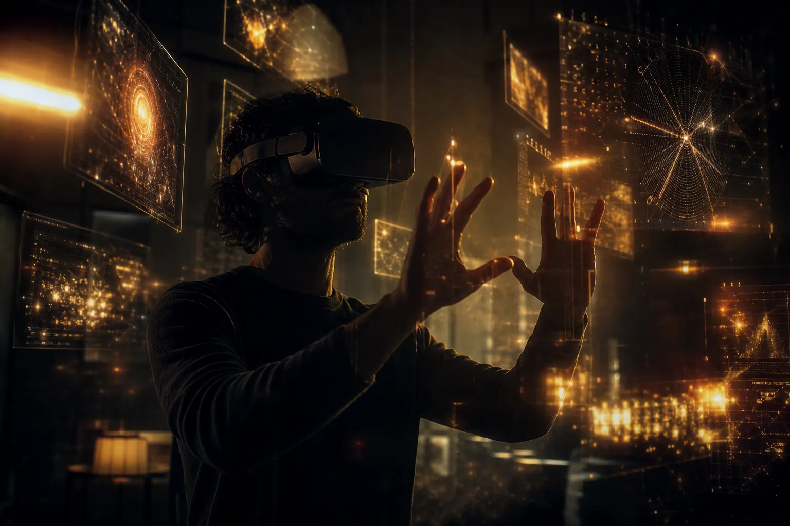 Человек в VR-гарнитуре перед голографической визуализацией в тёмной студии